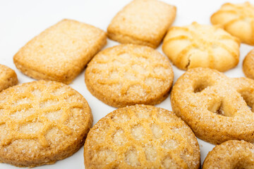 Danish shortbread cookies close-up, macro of cookies, pastries, cookies on a white background, isolate, catalog photo of food