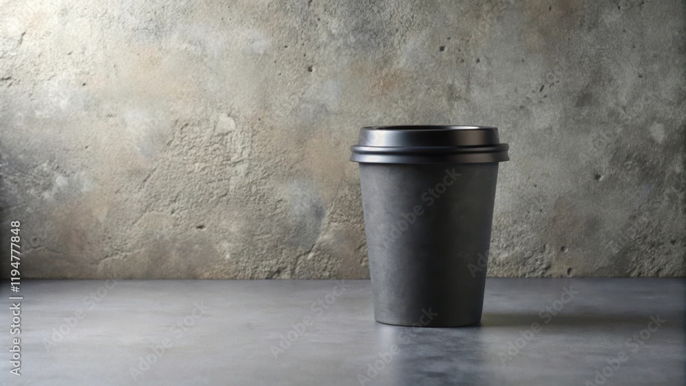 Poster a solitary dark-hued beverage container rests on a smooth, gray surface against a textured backdrop.