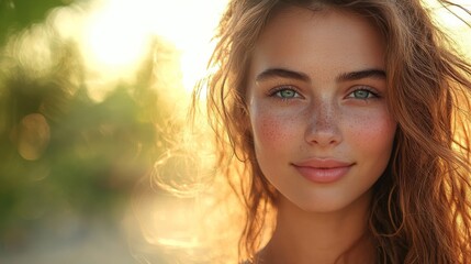 Obraz premium Freckled Woman with Golden Hair in Sunlight