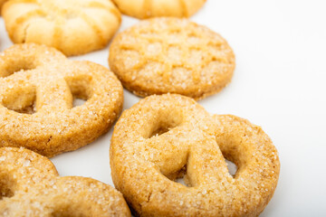 Danish shortbread cookies close-up, macro of cookies, pastries, cookies on a white background, isolate, catalog photo of food