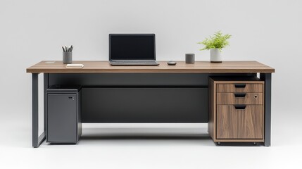Neatly arranged office desk with a closed laptop, pen holder, and coffee mug placed against a minimal gray wall.