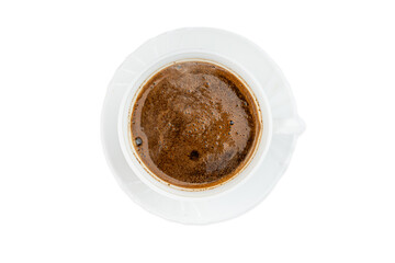 freshly brewed coffee with foam in a white cup on a white background, Americano coffee isolate, breakfast, catalog photo of coffee, coffee in bed