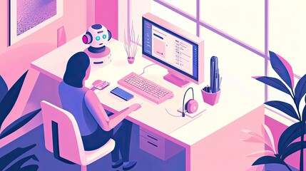 Futuristic office scene with a humanoid robot and a person interacting. High-tech environment, glowing screens, AI, technology, innovation, and human-robot collaboration Generative AI