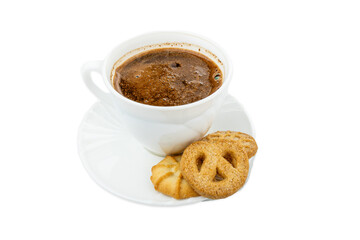 Danish cookies on a white background with coffee in a white cup, freshly brewed American coffee, isolate, breakfast, pastries, delicious shortbread cookies, catalog photo of food, coffee in bed