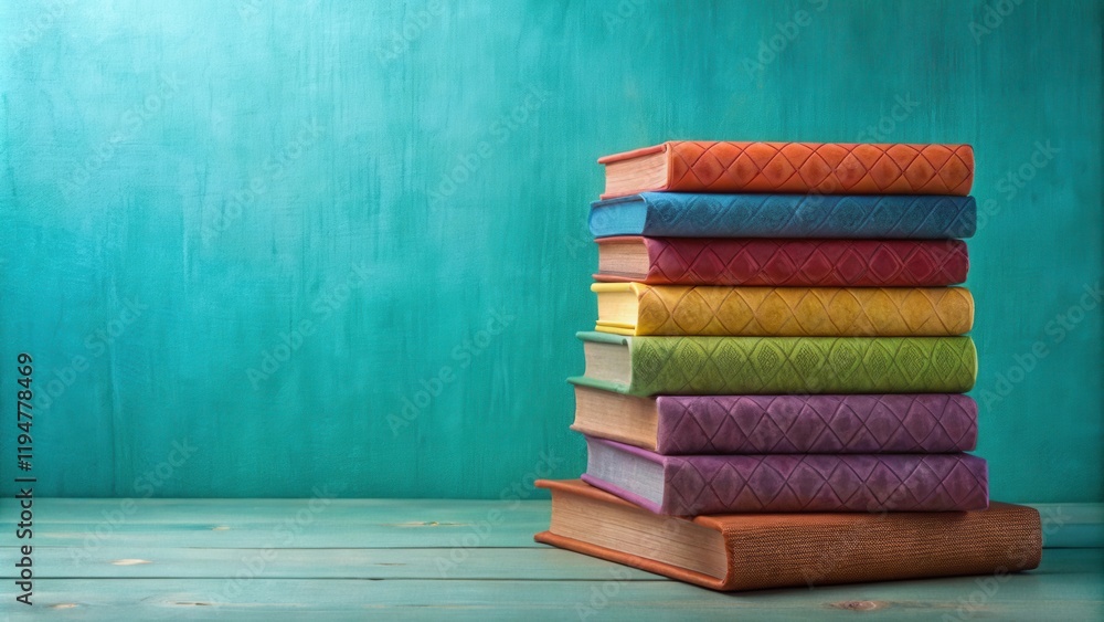 Aufkleber A Colorful Stack of Books on a Rustic Wooden Surface Against a Teal Background