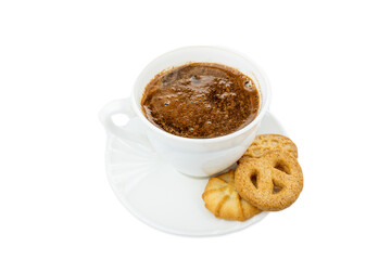 Danish cookies on a white background with coffee in a white cup, freshly brewed American coffee, isolate, breakfast, pastries, delicious shortbread cookies, catalog photo of food, coffee in bed