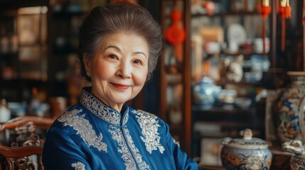 Obraz premium Portrait of an Older Woman in Deep Blue Traditional Attire