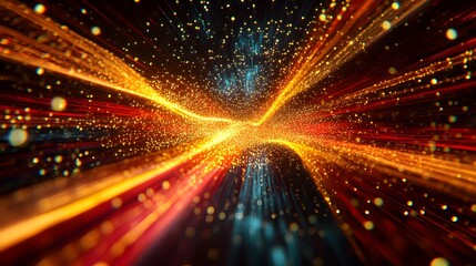 Fototapeta premium An abstract image of fiber optic strands with light pulses traveling rapidly, emphasizing the speed and precision of fiber optic communication networks in transmitting data. 