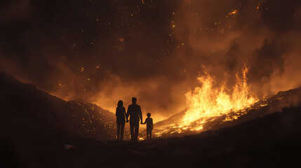 Family stands together in front of a raging wildfire at night, illuminated by flames and smoke. Generative AI