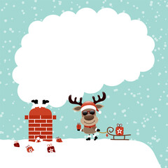 Weihnachtsmann im Schornstein Und Rentier Sonnenbrille Mit Schlitten Dach Schnee Türkis Dunkelrot