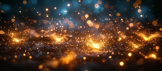 Obraz premium Golden sparkles, dark background, bokeh lights, festive celebration