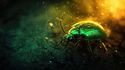 Fototapeta premium Green beetle with metallic shine crawling on soil. Insect, nature, light, detail, bug, outdoors, macro photography, wildlife, forest, iridescent shell, environment, movement. Generative AI.