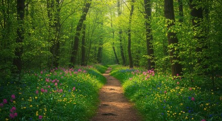 Fototapeta premium Serene forest path with colorful wildflowers and lush greenery