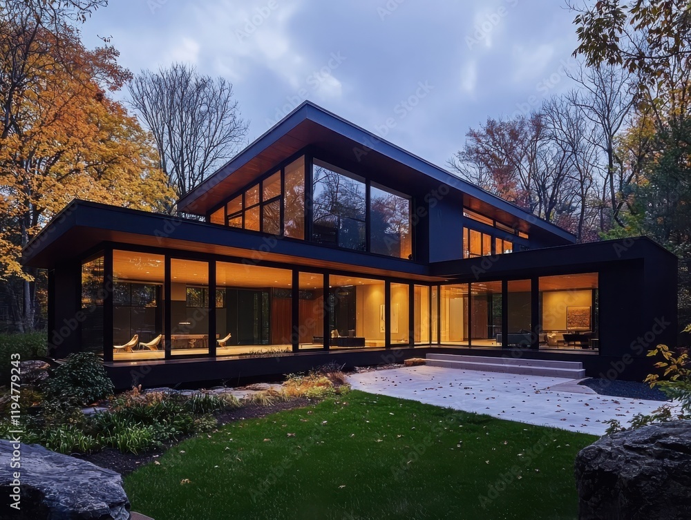 Poster discovering modern architectural elegance in a serene forest setting a showcase of harmonious design
