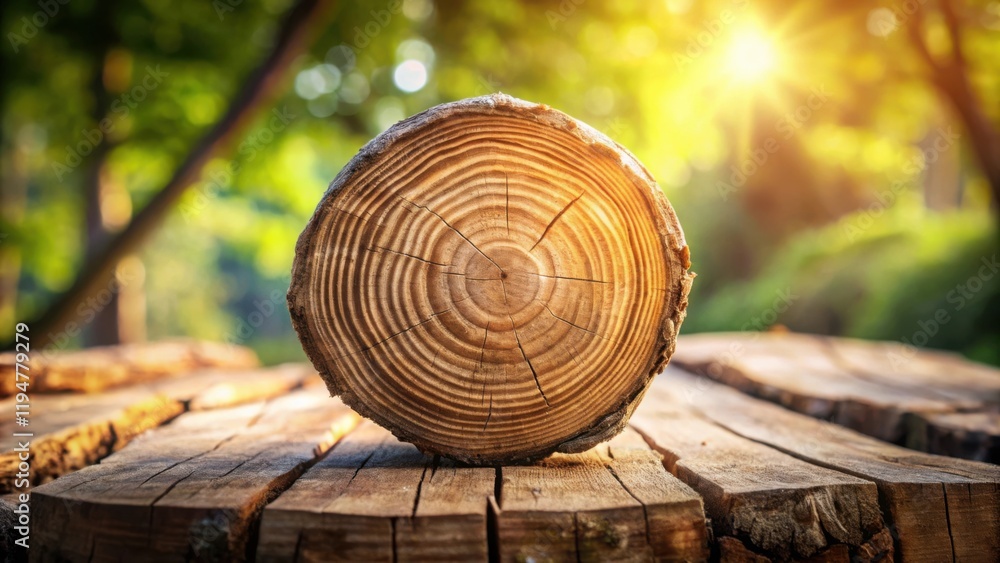 Aufkleber Sunlight Illuminates the Rings of a Cross-Sectioned Tree Trunk Resting on a Rustic Wooden Surface in a Lush Natural Setting