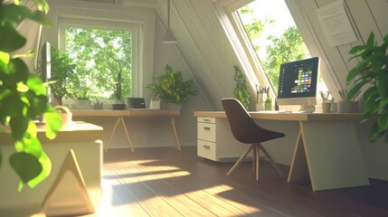 Fototapeta premium Open workspace with clean aesthetics featuring desks, chairs, and vibrant green plants under bright natural light.