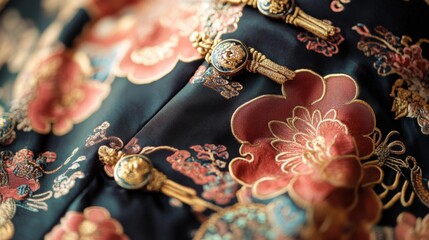 Detailed Close-Up of Traditional Cheongsam Fabric with Embroidery