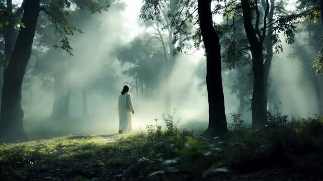 Jesus Christ Walks Through a Misty Forest in White Robe on Easter Morning