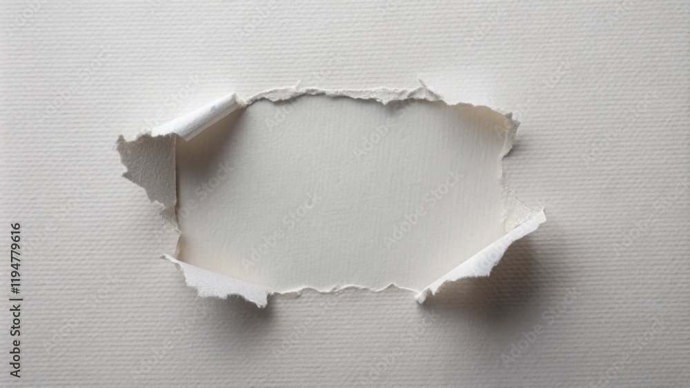 Poster A Textured White Paper Surface with a Roughly Torn Rectangular Hole Revealing a Similar Underlying Surface