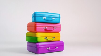 A stack of vibrant suitcases in rainbow colors on a plain white background
