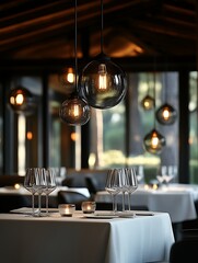 Elegant restaurant interior with stylish pendant lights and tables set for dinner.