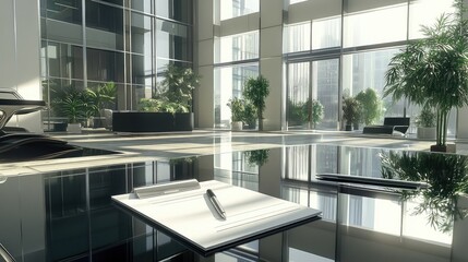 Professional conference room with a large glass table, a notepad, and a pen neatly arranged in a bright corporate environment.
