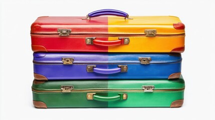 A stack of vibrant suitcases in rainbow colors on a plain white background