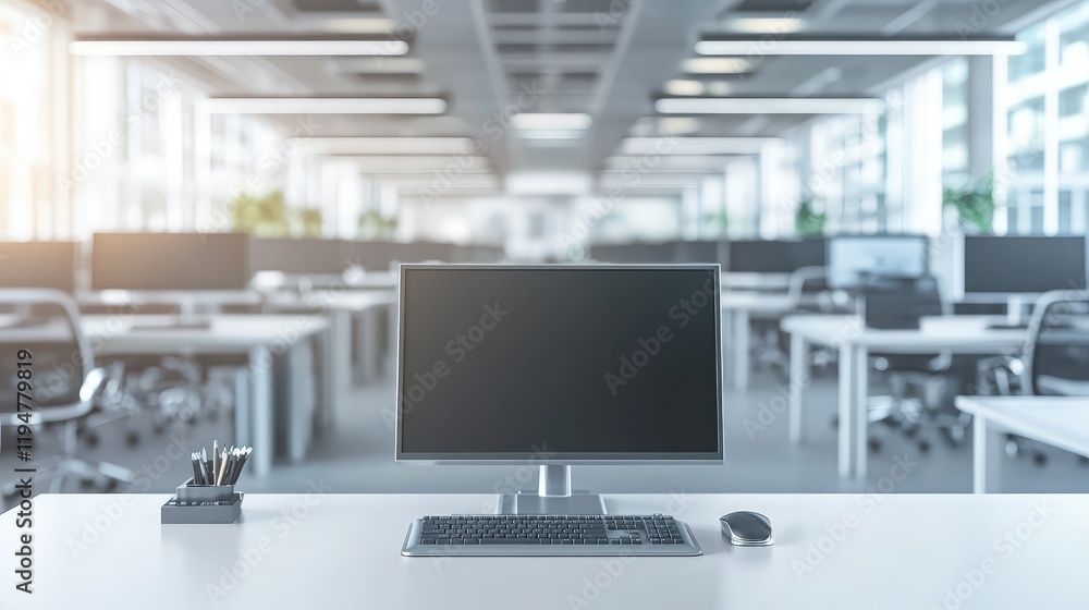 Poster professional desk setup with a monitor, keyboard, and a closed notebook in a quiet and tidy office.