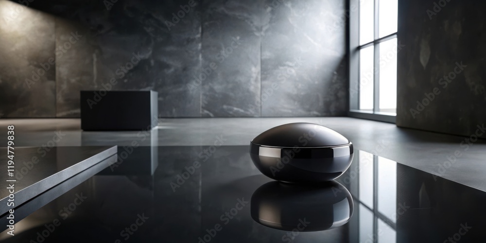 Aufkleber Sleek black orb rests on polished dark surface in minimalist room with large window