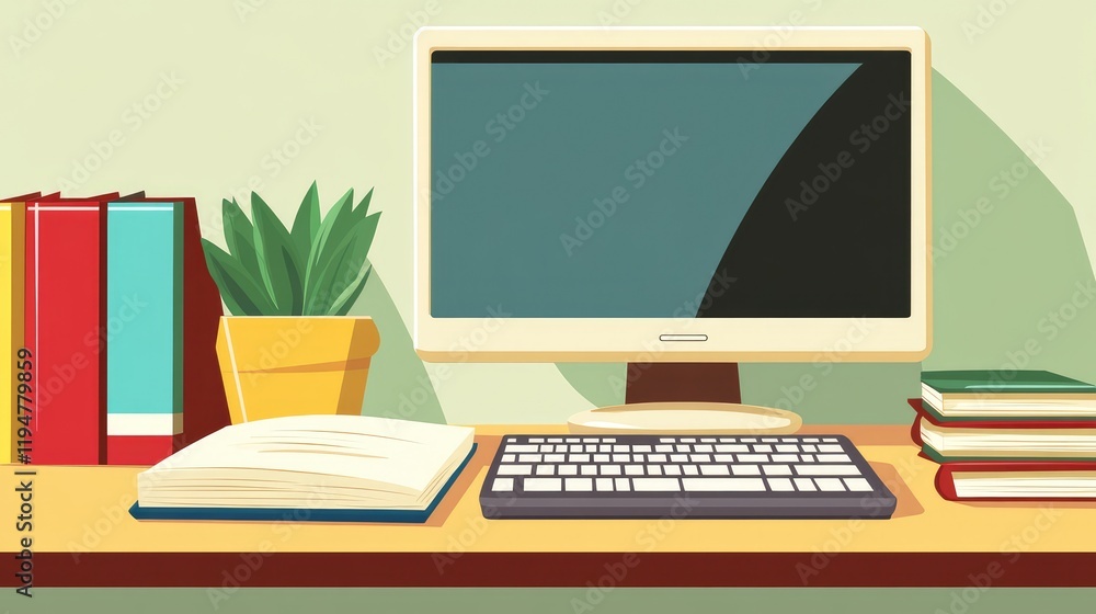 Poster professional desk setup with a monitor, keyboard, and a closed notebook in a quiet and tidy office.