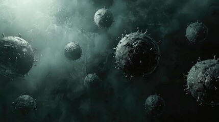 Dark, atmospheric scene with floating textured spheres in a surreal environment. Mysterious and abstract aesthetic creates a futuristic and sci-fi ambiance. Generative AI