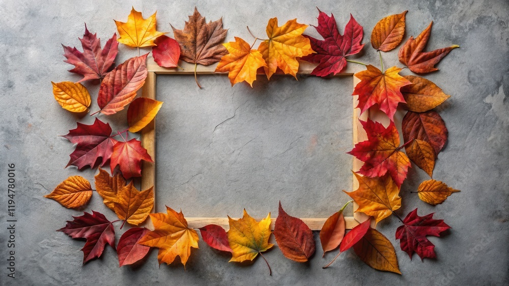 Poster Autumnal Frame of Vibrant Fall Foliage Arranged Around a Simple Wooden Picture Frame on a Textured Surface