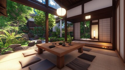 Elegant low wooden table dining area surrounded by tatami mats zen garden interior design tranquil environment aesthetic harmony