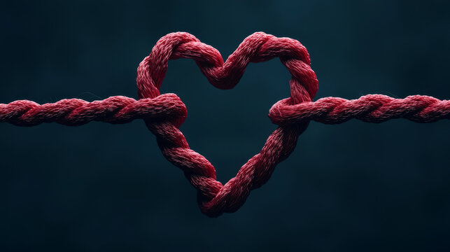 A close-up of a heart-shaped knot made from red rope against a dark background.