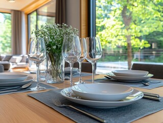 Elegant dining table set with beautiful tableware modern home interior design soft lighting inviting ambiance