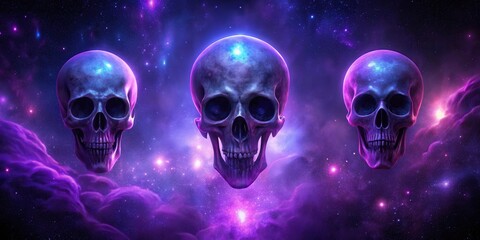 Cosmic Skulls A Trio of Illuminated Human Remains Floating in a Nebula of Purple and Blue Hues
