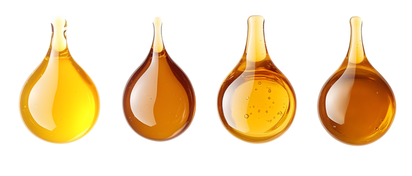 Set of drops of oil or honey, viscous fluid or syrup, isolated on a transparent background. PNG cutout or clipping path.