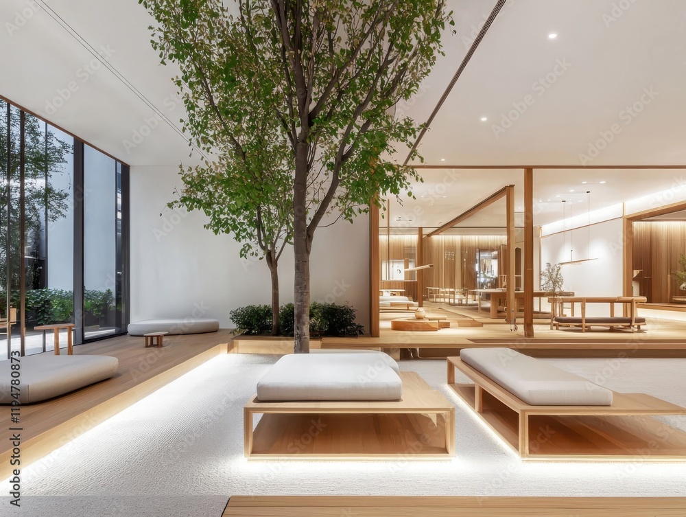 Poster minimalist furniture arrangement in an open space with soft lighting enhancing simplicity and elegan