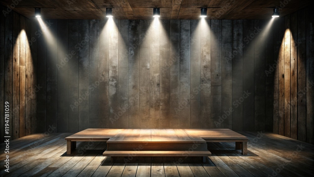 Leinwandbilder rustic wooden stage setting with spotlights illuminating empty platform for product display or prese