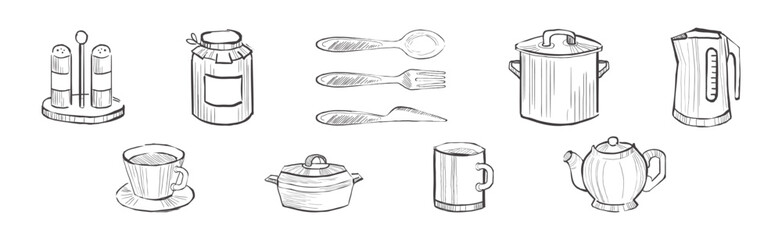 Kitchen Cookware and Utensils Sketch Drawn Vector Set