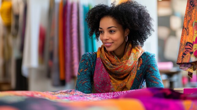 Woman examining vibrant colorful textile fabrics - Powered by Adobe