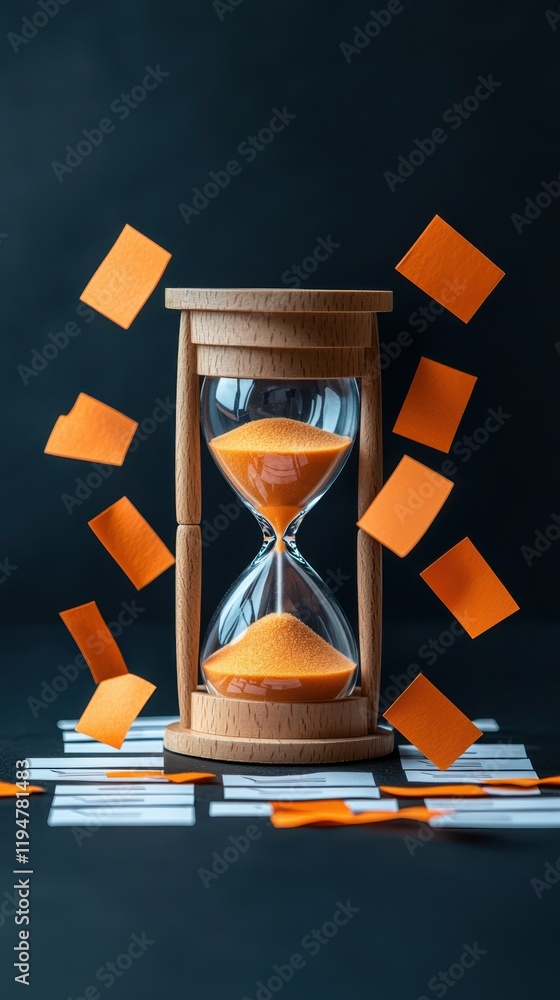 Poster planning concepts prioritizing goal setting. hourglass with orange sand and floating paper squares i