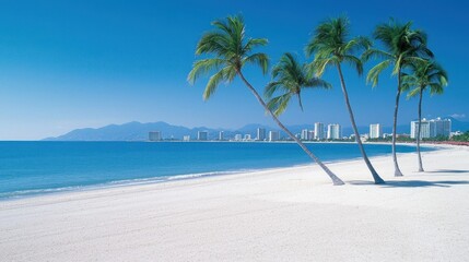 Naklejka premium Serene beach scene with palm trees and distant city skyline.