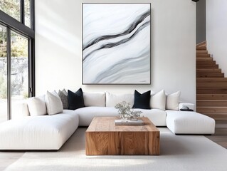 Elegant minimalist artwork featuring subtle textures and muted tones living room digital art modern interior eye-level harmony and serenity
