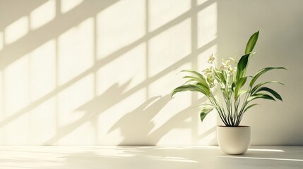White Potted Plant Basking in Sunlight Against a Wall