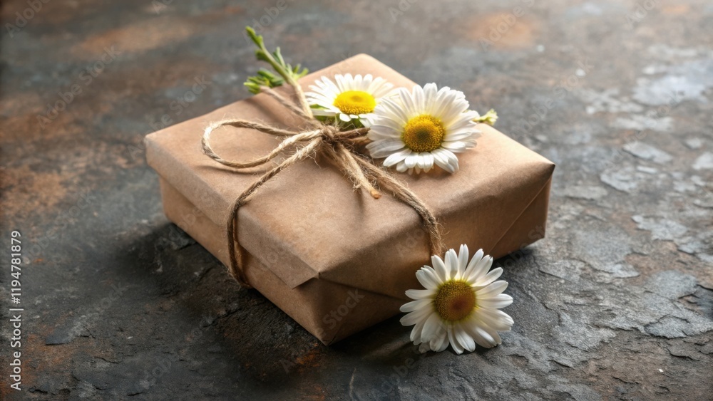 Poster A thoughtfully wrapped present adorned with delicate daisies rests on a rustic surface