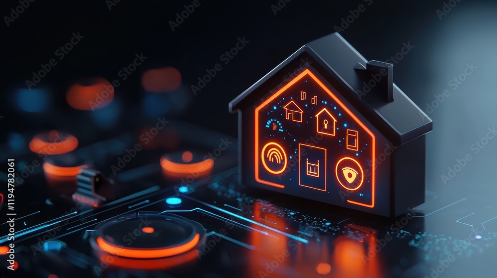 Poster customizable smart home security concept. smart home technology concept with neon icons representing