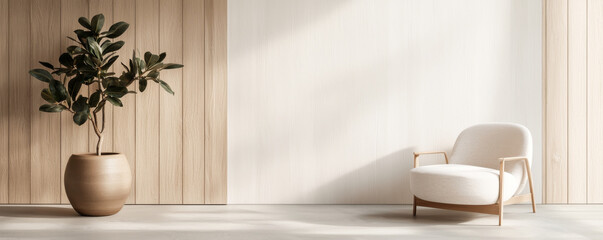A cozy modern living space with a stylish chair and decorative plant.