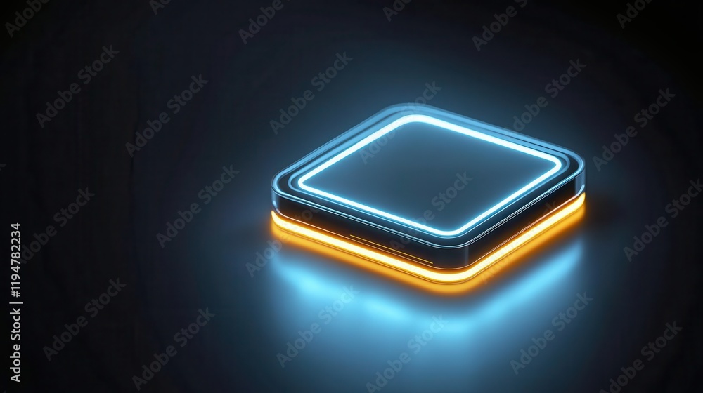 Poster customizable smart home security concept. neon glowing button design with blue and orange lights on 