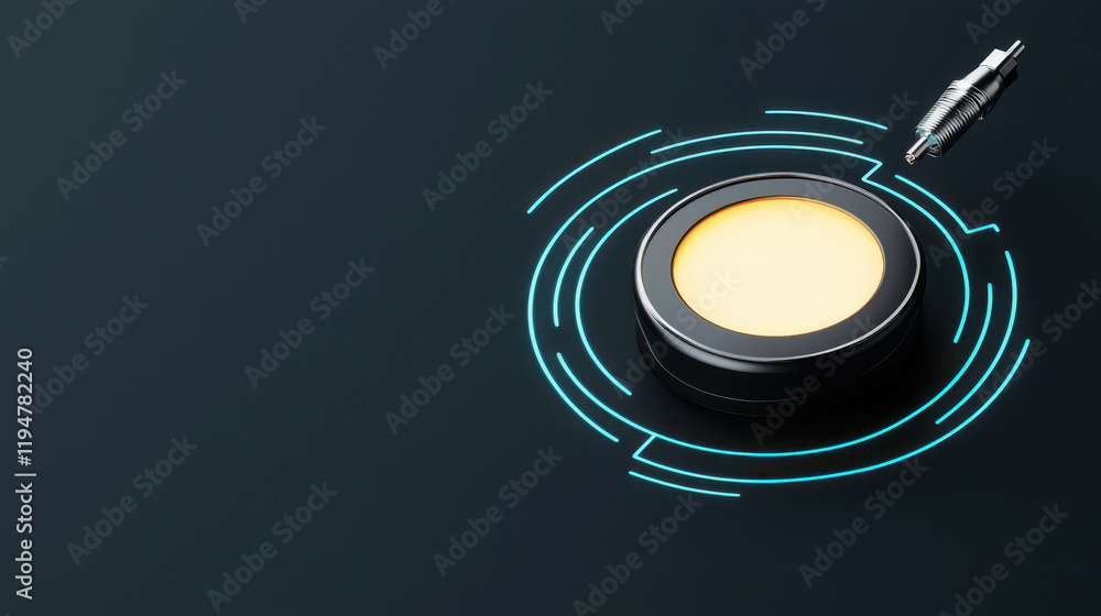Poster customizable smart home security concept. abstract image of spark plug and round device on dark back
